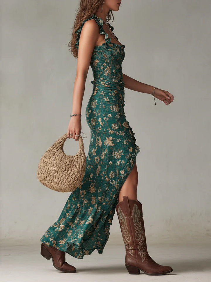 Bohemian | Green Printed Maxi Dress with Ruffled Sleeves