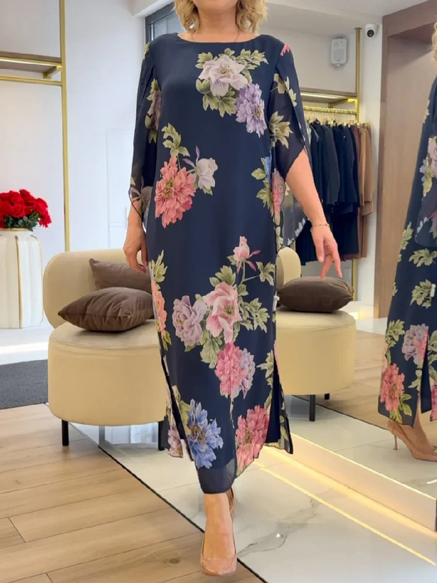 Floral Print Maxi Dress Lightweight Chiffon Comfort